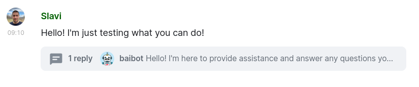 Screenshot of Text Generation - a user sends a message and the bot replies in a new conversation thread