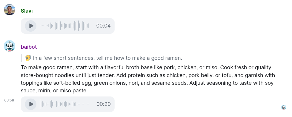 Screenshot of the Seamless voice interaction mode - your voice messages are transcribed to text, then answered via Text Generation, and finally the answer is turned into a voice message