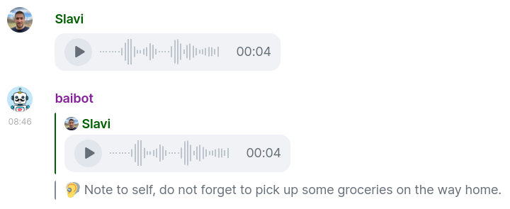 Screenshot of Transcribe-only-mode for Speech-to-Text - your voice messages are transcribed to text, and the bot does not generate text messages or voice messages