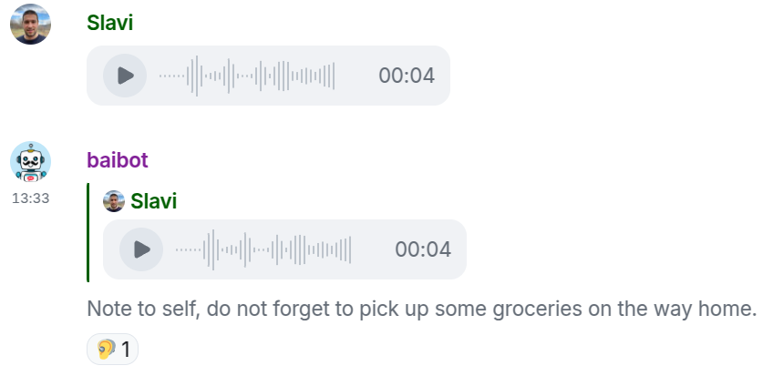 Screenshot of Transcribe-only-mode for Speech-to-Text - your voice messages are transcribed to text, and the bot does not generate text messages or voice messages