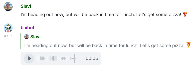 Screenshot of Text-to-Speech-only mode - text messages are turned to audio and posted as a reply, without Text Generation happening